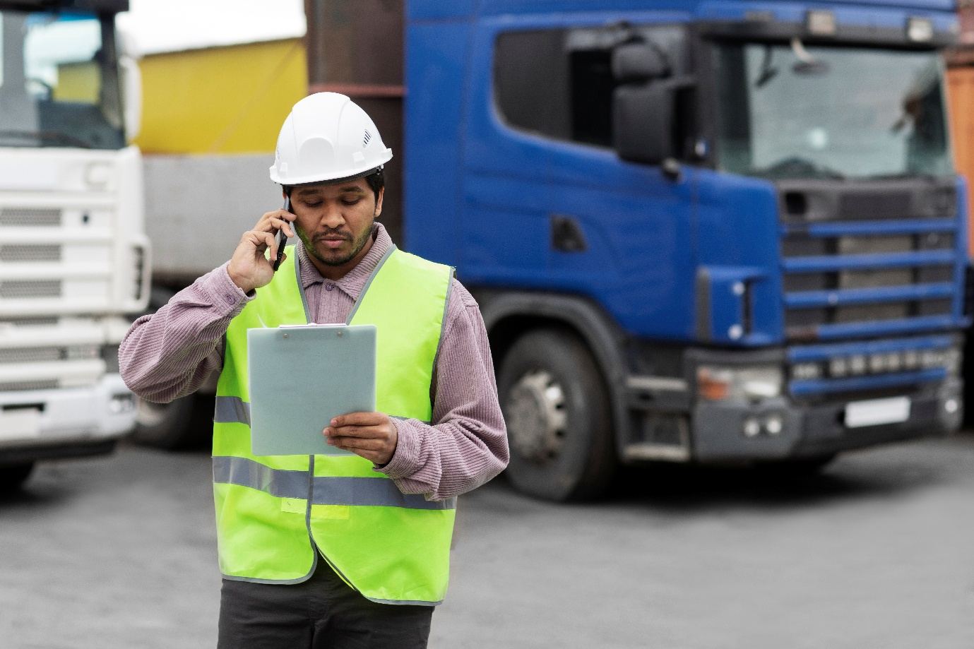 Logistics coordinator on the phone beside a cargo truck — Global Procurement & Supply Chain Solutions